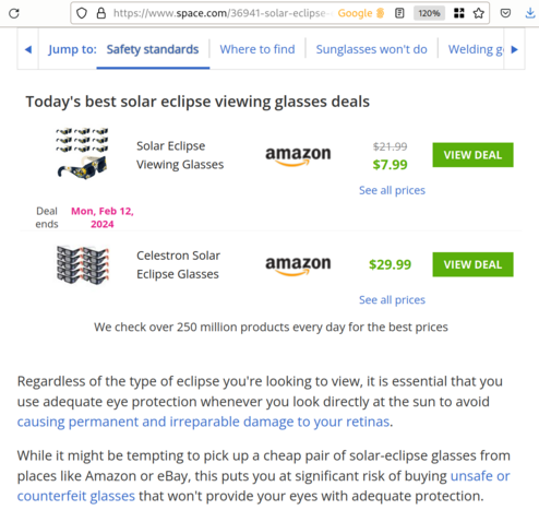 space.com article with amazon advertisements for solar eclipse viewing glasses displayed next to a warning not to buy solar eclipse viewing glasses from amazon or eBay.