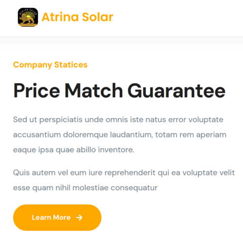 Screenshot of https://www.atrinasolar.com/ with weird typo and two of the several paragraphs of placeholder lorem ipsum text headed by "Price Match Guarantee"