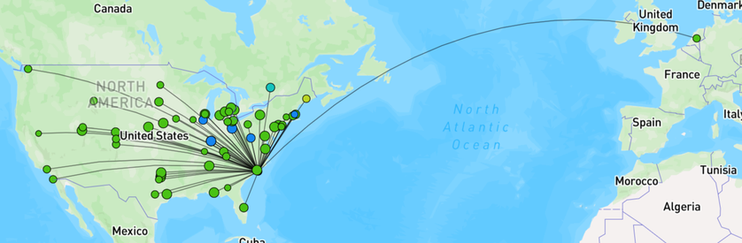 A map showing great circle routes for all my 60 CW QSOs over the past few days, including one of 4153 miles to a park in the Netherlands.