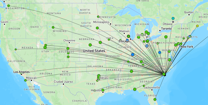 A map showing all my North American CW QSOs over the past few days. Green dots for 20m, teal for 30m, blue for 40m, green for 17m.
