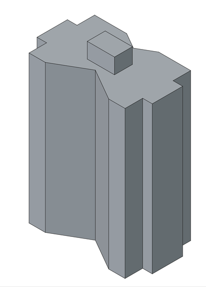 Model of insert for coax stripping tool, standing on end, with wide triangular cutouts to cradle wire being stripped.