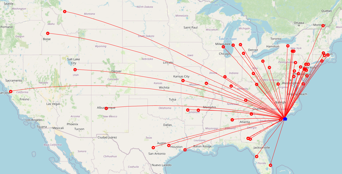 Map showing lines indicating 57 Morse code ham radio contacts, throughout much of the US and one in Canada. All done on 5W or less of power; some were 2–3W.