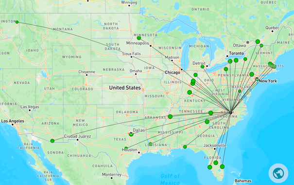 Map of my 5W POTA activation. Probably mostly right, but the contact marked as AZ was actually IL.