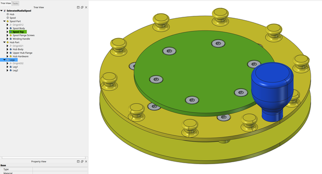 Upper view of FreeCAD screen shot showing a reel with a handle for winding, screws holding pieces together, and knobs for holding wire in place.