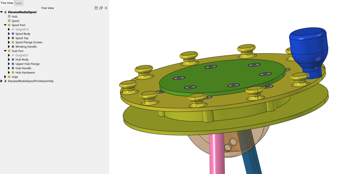FreeCAD screen shot showing the parts as they will be used. This is not an assembly; the parts are designed with parametric placement.
