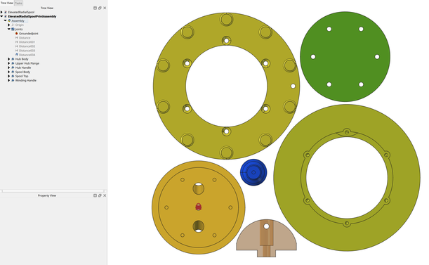 FreeCAD screen shot of top view of parts arranged to print, showing one fixed joint and five 0-valued distance joints between faces that should be coplanar for printing