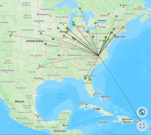 Map covering most of the continental United States, showing 33 QSOs across 18 US states, ON Canada, and PR, all using only 5W on the 20m band.