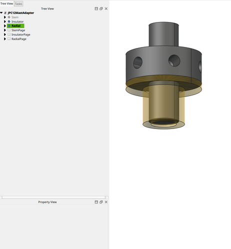 FreeCAD screenshot with the stem invisible and the gasket transparent to show the top M10-threaded connector for the radials