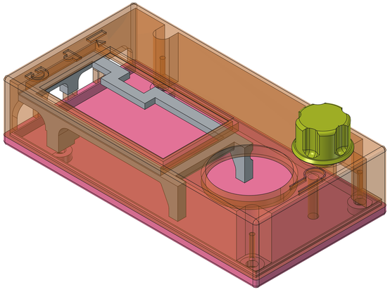 Screen shot of a basic case with no integrated paddles at all. The case is rendered transparent in order to show the internal display frame and the base, as well as some of the internal structure. There is a knob placed where the actual physical knob sits on the assembled device. The internal components are not modeled.