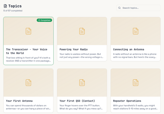 Screenshot showing the first six of 57 topics, starting with "The Transceiver - Your Voice to the World". Because I've taken the quiz for the first topic, it is marked as "Completed"