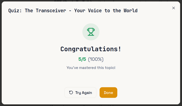 Screenshot showing the result of successfully answering all the questions in a quiz, and that you can always review questions for a topic by re-taking the quiz.