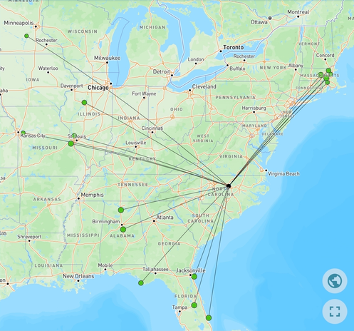 Map of Eastern half of the United States showing 16 ham radio conversations as lines from the Raleigh, North Carolina area as far to the North-West as MN, North-East as MA, South as FL, West as MO.
