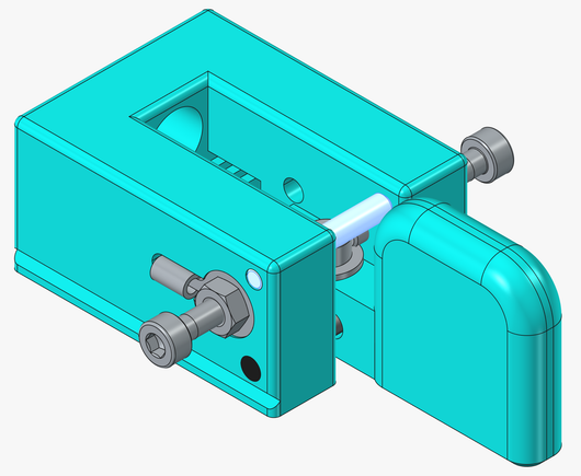 FreeCAD screen shot showing a single-paddle key with a highlighted bar that represents a set screw (or grub screw) that holds the arms apart.