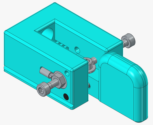 FreeCAD screen shot without the new grub screw present, showing that the hole for mounting it is on only one side, pressing against the other side.
