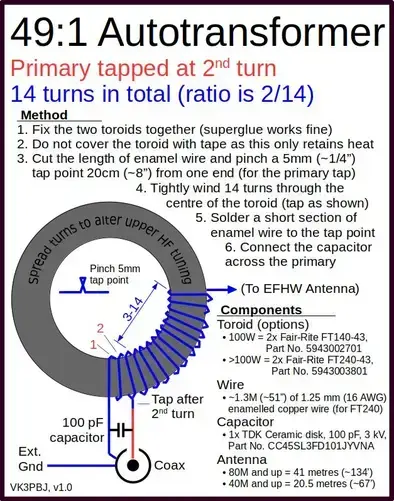 Schematic image of a tapped 14:2 autotransformer as an unun