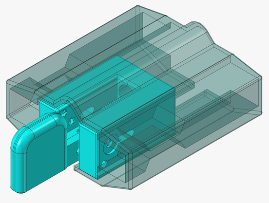 Screenshot of FreeCAD model of key and grip/case. The grip/case is transparent to show its internal structure, with stops for the side contact thumb screws such that with the key installed as shown, the paddle protrudes; if installed from the other side, the paddle is protected inside.

Helical crush ribs are partially visible in several holes.

The path for the wires from the inside to the outside are racetrack slots instead of round holes, so that the terminal tabs do not have to be soldered …