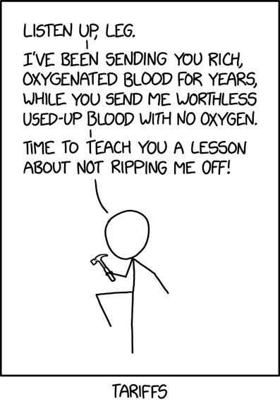 Stick figure holds hammer to raised knee and says:

Listen up, Leg.

I've been sending you rich, oxygenated blood for years, while you send me worthless used-up blood with no oxygen.

Time to teach you a lesson about not ripping me off!

Subtitle: Tariffs