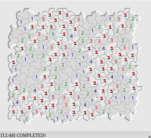 Screen shot of a minesweeper-style map with einstein hats instead of squares. The puzzles has been solved; all the mines have been marked and all the rest of the tiles cleared.