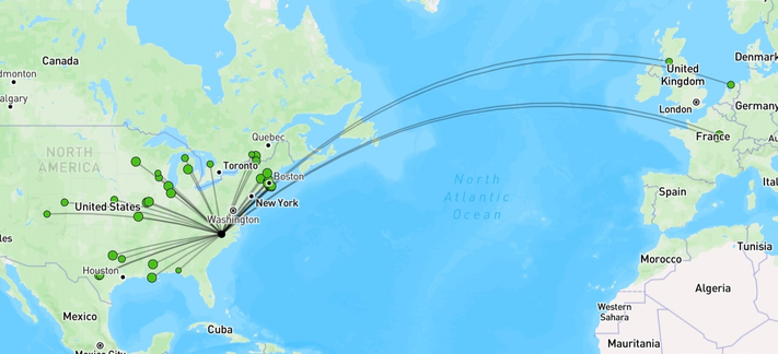 Map showing contacts made by ham radio on the 20 meter band using morse code. From North Carolina, several contacts in Canada, many states in the US East, and as far West as Colorado, and four in Europe. 