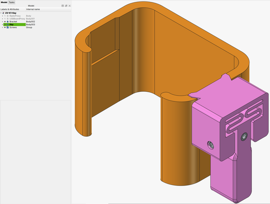 FreeCAD screen shot of key and retention bracket for doing Morse code on a Quansheng UV-K5 radio.